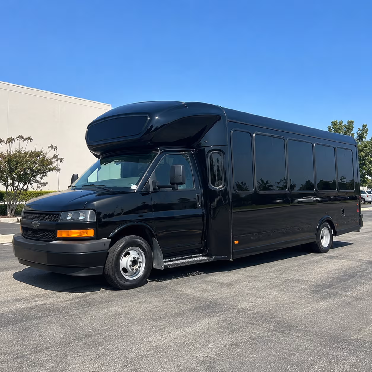 Group beside a Mercedes Sprinter limo in Fullerton